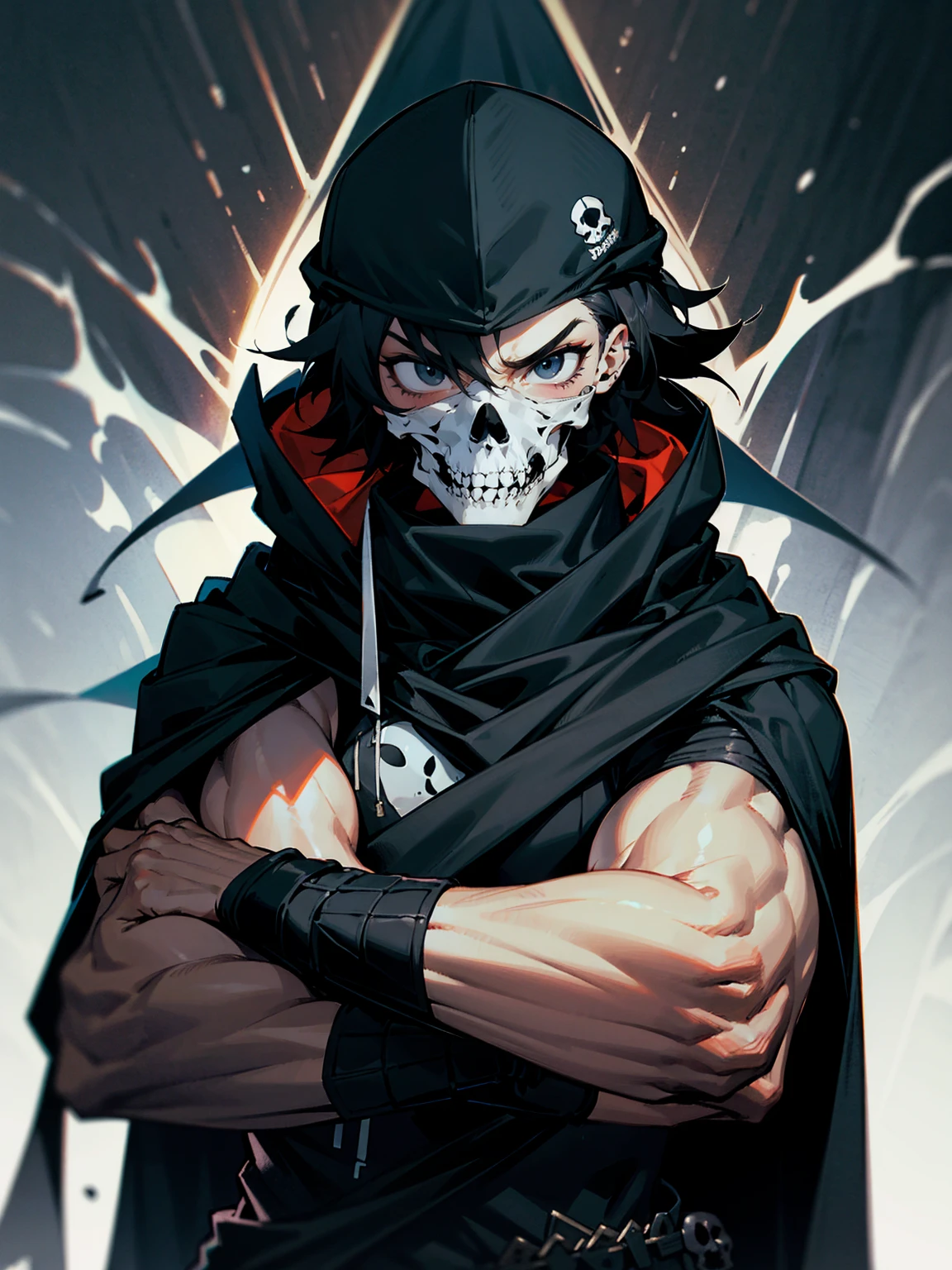 1male, adult, messy hair, black hair, beanie, hood over head, black eyes, skull mask, eye piercing, lazy expression, serious expression, cape,  black military outfit, black sweatpants, muscular build, arms folded