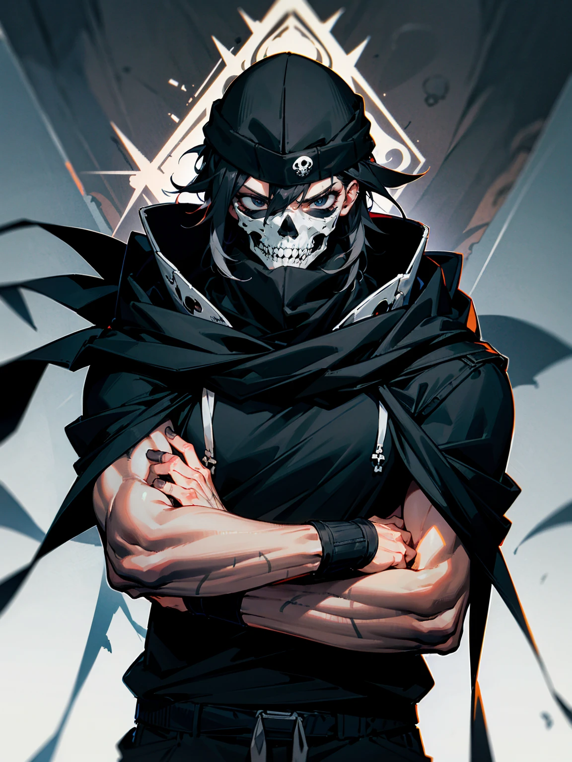 1male, adult, messy hair, black hair, beanie, hood over head, black eyes, skull mask, eye piercing, lazy expression, serious expression, cape,  black military outfit, black sweatpants, muscular build, arms folded