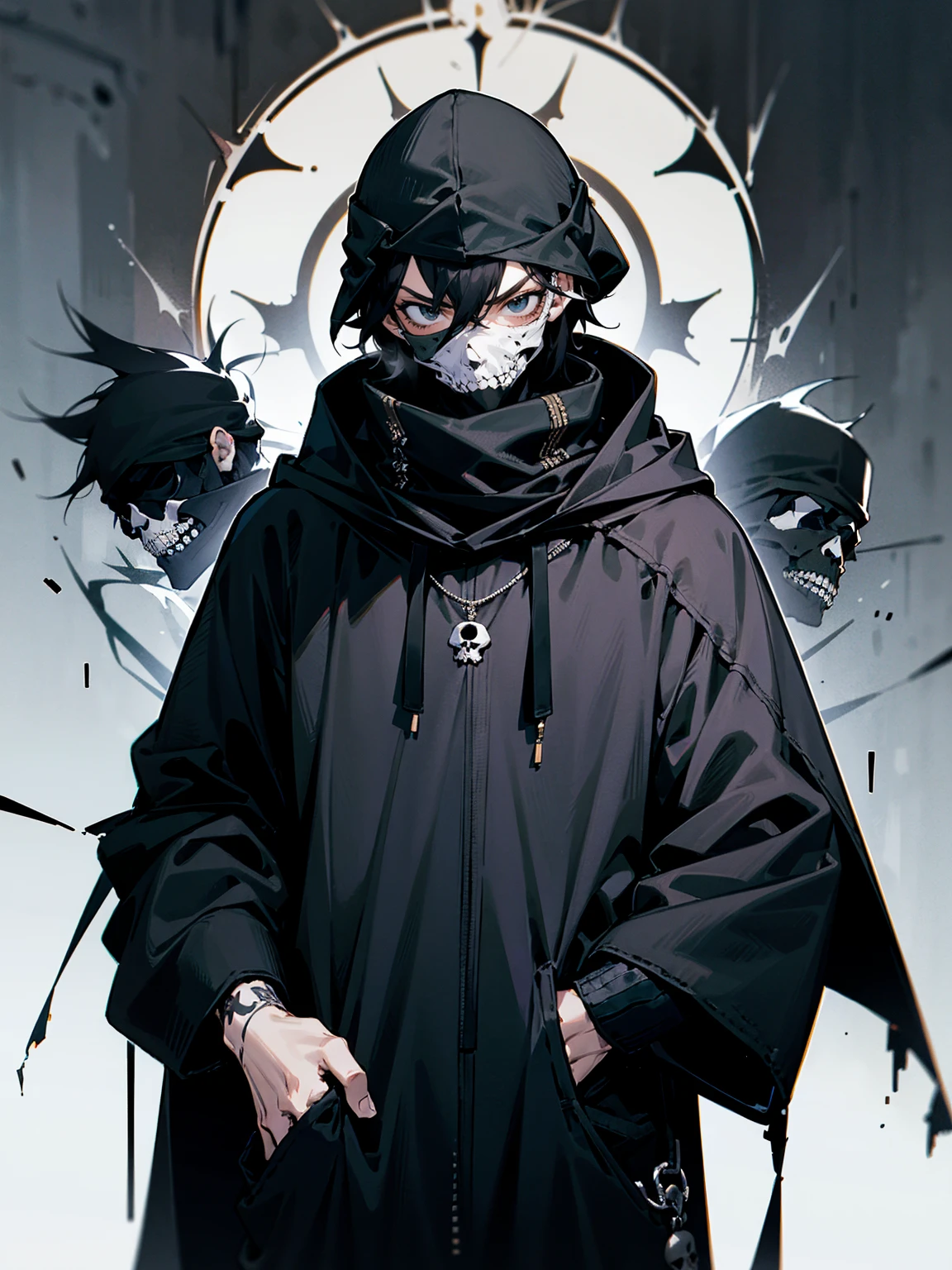 1male, adult, messy hair, black hair, beanie, hood over head, black eyes, skull mask, eye piercing, lazy expression, serious expression, cape,  black military outfit, black sweatpants, lean build, hands in pocket