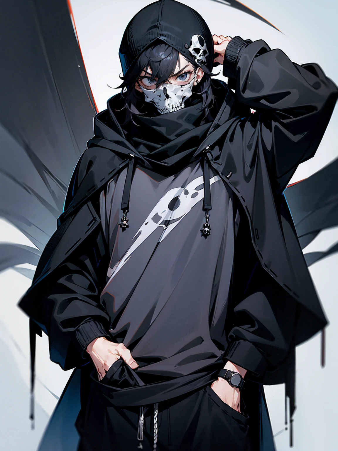 1male, adult, messy hair, black hair, beanie, hood over head, black eyes, skull mask, eye piercing, lazy expression, serious expression, cape,  black military outfit, black sweatpants, lean build, hands in pocket