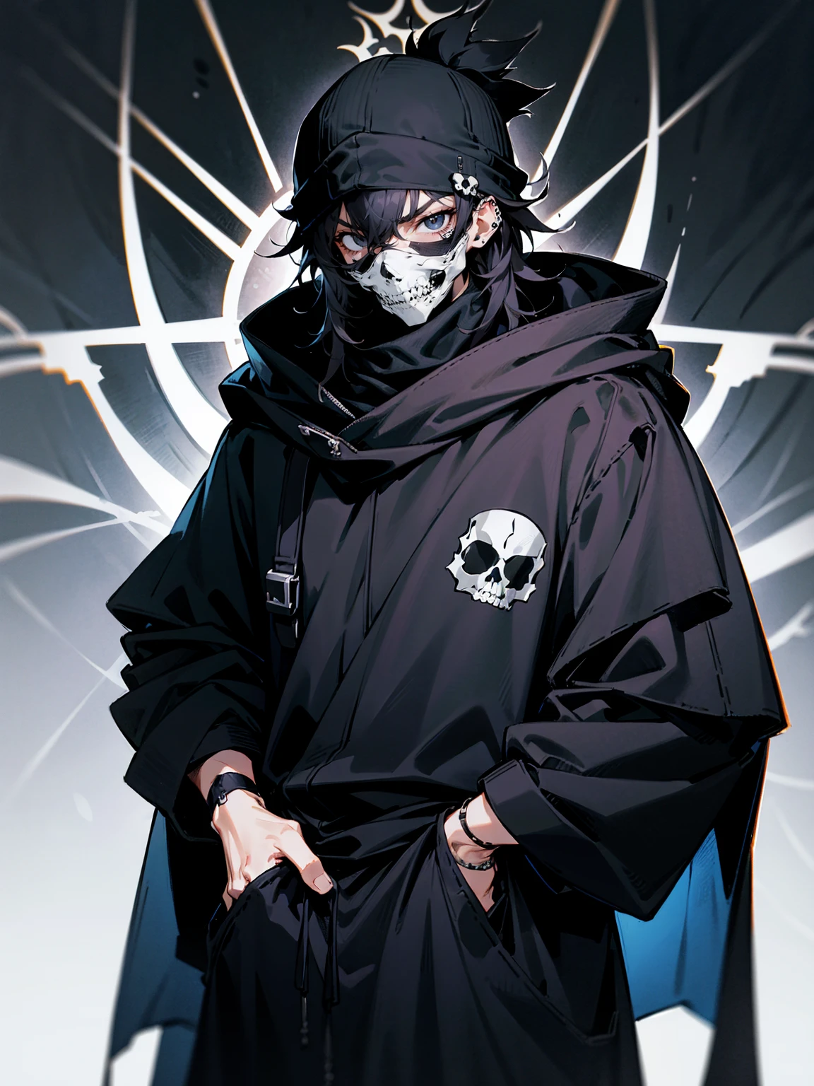 1male, adult, messy hair, black hair, beanie, hood over head, black eyes, skull mask, eye piercing, lazy expression, serious expression, cape,  black military outfit, black sweatpants, lean build, hands in pocket