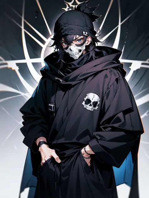 1male, adult, messy hair, black hair, beanie, hood over head, black eyes, skull mask, eye piercing, lazy expression, serious exp...