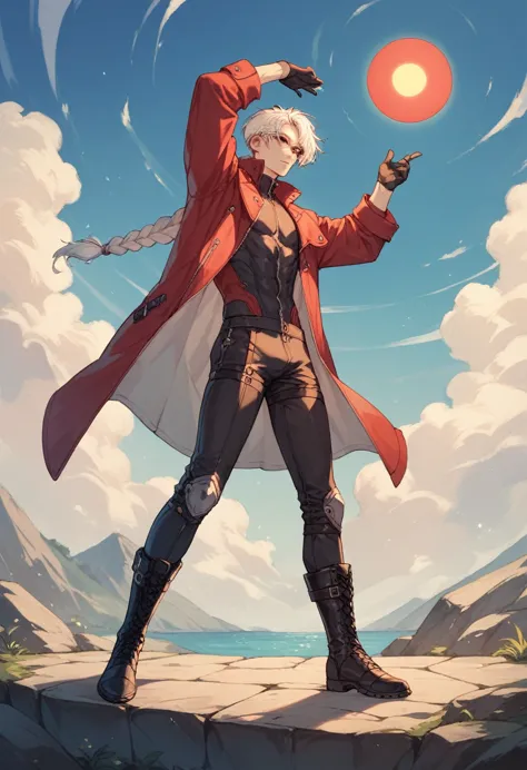 human male ,clear skin , round red sun glasses , white hair,long braided ,zip red coat  , black gloves  , black boots , full bod...