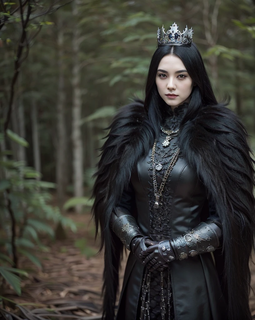 Gothic, vampires, fur armor, castle, black hair, young face, smile, female character, high detail of objects, gloomy environment, horror style,Heavy steel armor with a skull on the chest, with black inserts on the arms, and bake in a scabbard on the right hip, full height, torch in hand, crown of thorns on the head, location forest, gloomy lighting