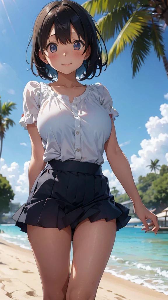 (Cute Smile、Kana Hanazawa、Girl with short black hair、Cute orange hair clip)、((A white blouse clinging tightly to a blue bra、Light blue and white striped long cart))、barefoot、barefoot、((Sandy beach, sea and blue sky))、((The face is in focus and the background is blurred、Shallow depth of field))、Realistic、Standing posture、((Big Breasts、Closer valley))