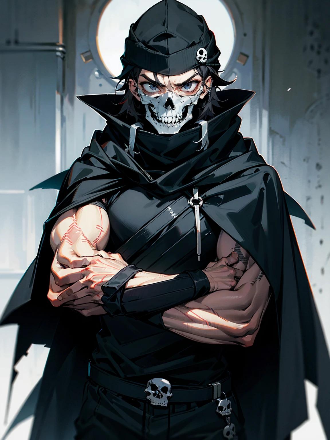 1male, adult, messy hair, black hair, beanie, hood over head, black eyes, skull mask, eye piercing, lazy expression, serious expression, cape,  black military outfit, black sweatpants, muscular build, arms folded