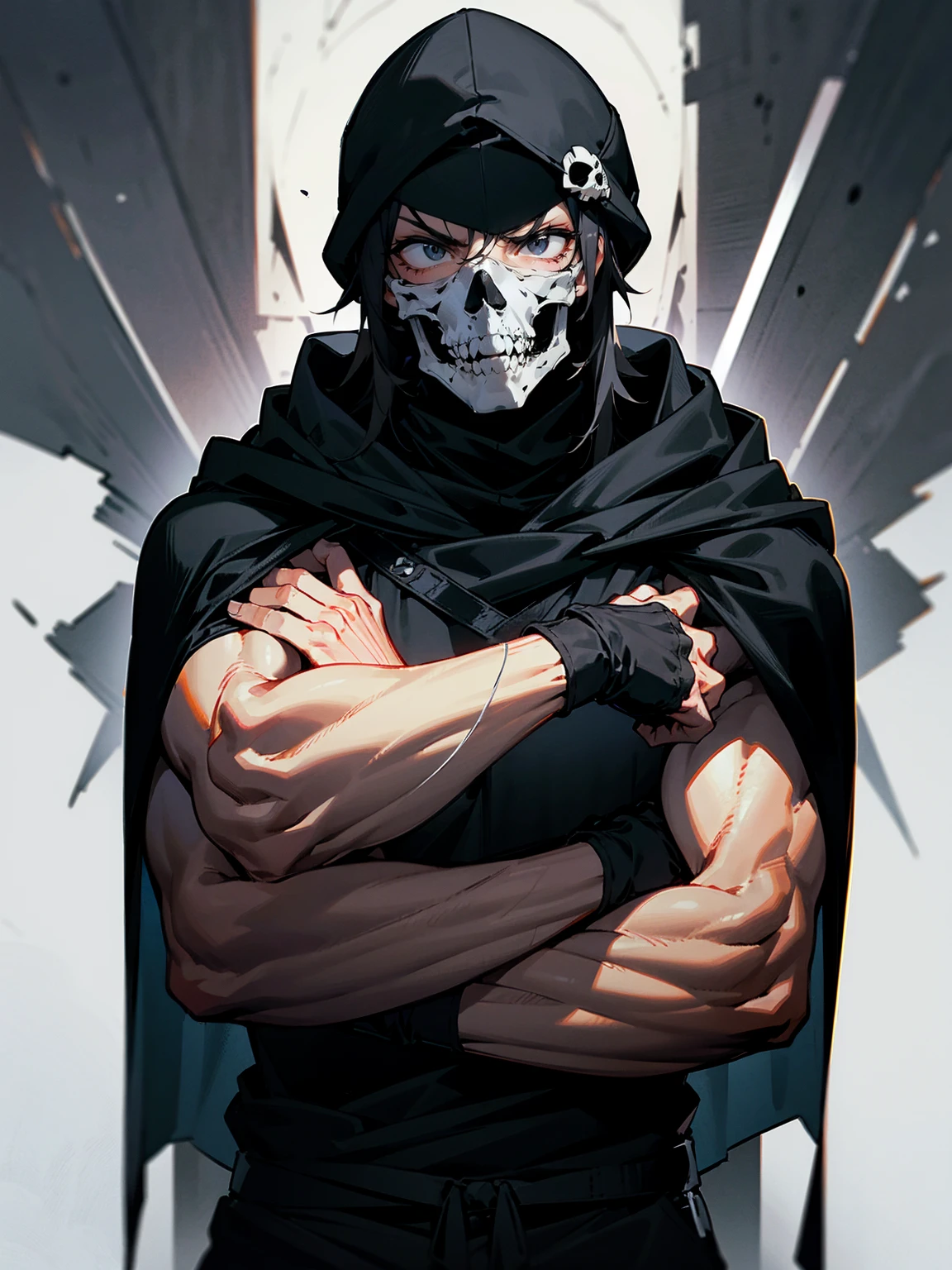 1male, adult, messy hair, black hair, beanie, hood over head, black eyes, skull mask, eye piercing, lazy expression, serious expression, cape,  black military outfit, black sweatpants, muscular build, arms folded