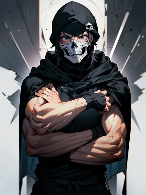 1male, adult, messy hair, black hair, beanie, hood over head, black eyes, skull mask, eye piercing, lazy expression, serious exp...