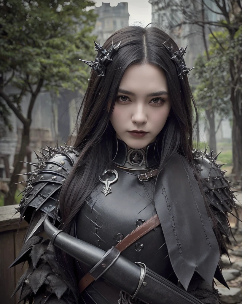 Gothic, vampires, fur armor, castle, black hair, young face, smile, female character, high detail of objects, gloomy environment, horror style,Heavy steel armor with a skull on the chest, with black inserts on the arms, and bake in a scabbard on the right hip, full height crown of thorns on the head, location forest, gloomy lightin