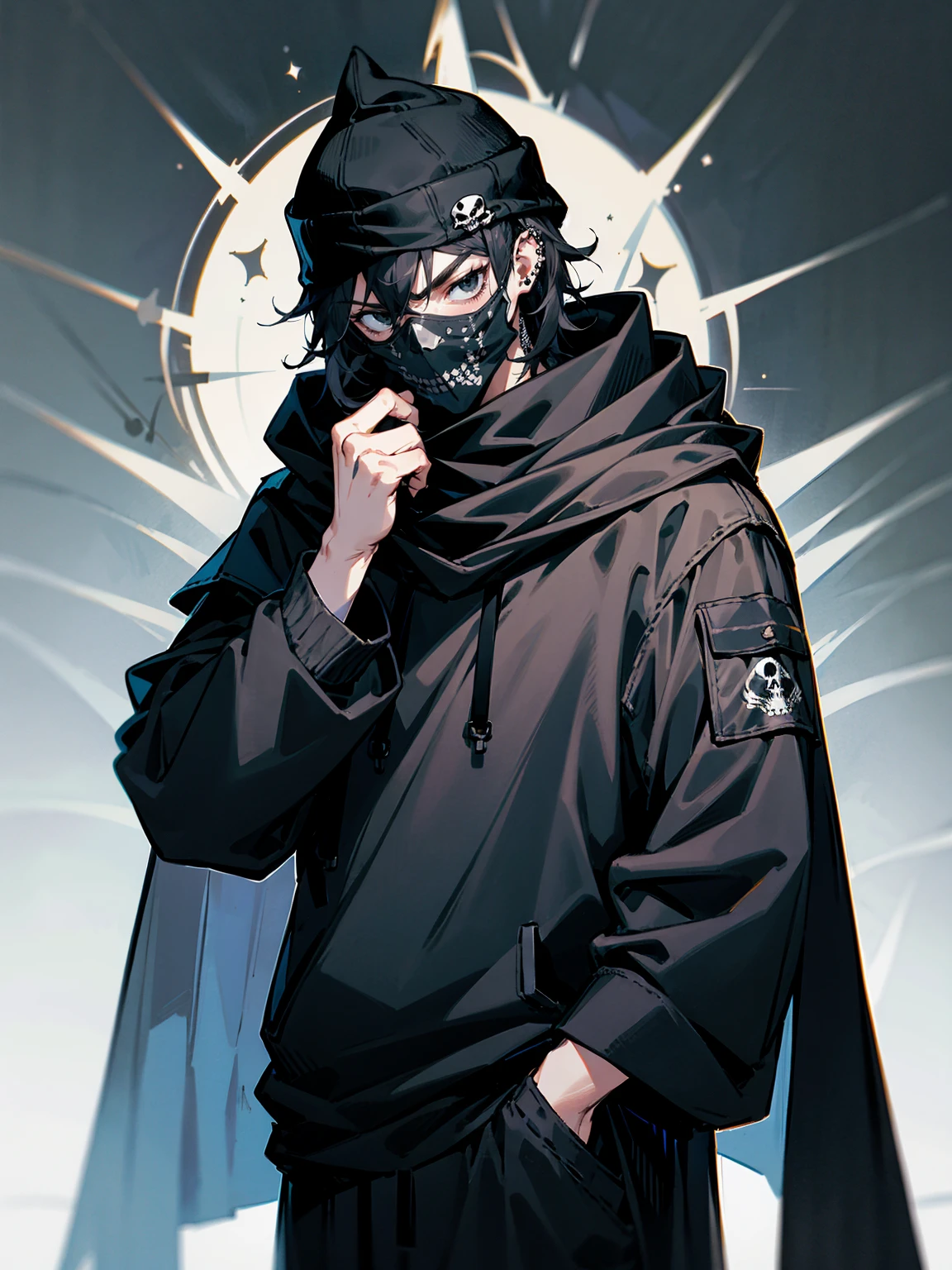 1male, adult, messy hair, black hair, beanie, hood over head, black eyes, skull mask, eye piercing, lazy expression, serious expression, cape,  black military outfit, black sweatpants, muscular build, hands in pocket