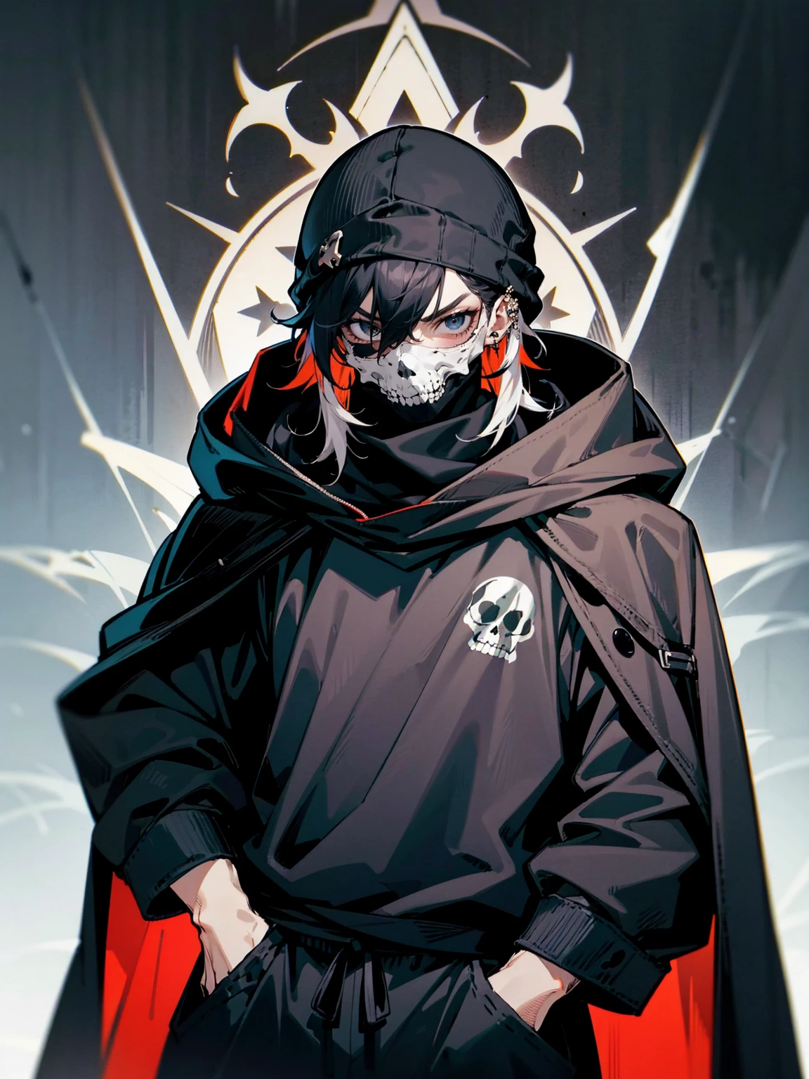 1male, adult, messy hair, black hair, beanie, hood over head, black eyes, skull mask, eye piercing, lazy expression, serious expression, cape,  black military outfit, black sweatpants, muscular build, hands in pocket