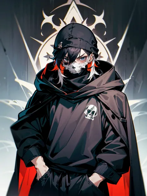 1male, adult, messy hair, black hair, beanie, hood over head, black eyes, skull mask, eye piercing, lazy expression, serious exp...