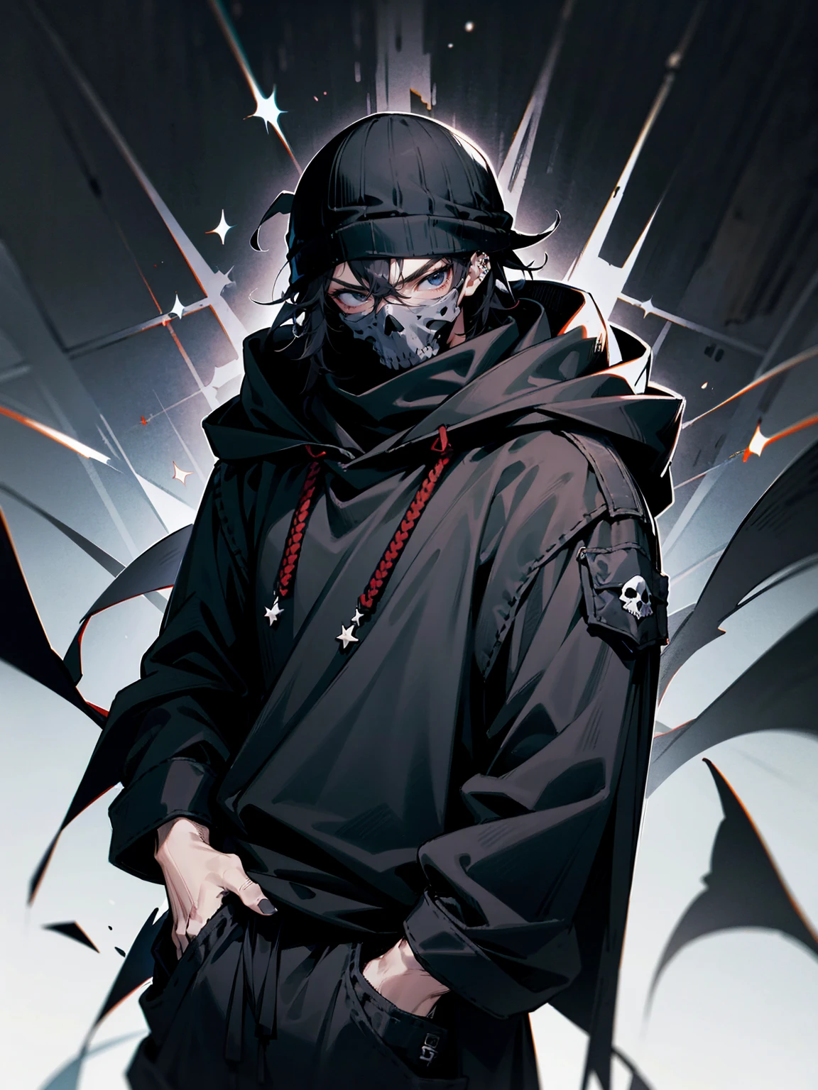 1male, adult, messy hair, black hair, beanie, hood over head, black eyes, skull mask, eye piercing, lazy expression, serious expression, cape,  black military outfit, black sweatpants, muscular build, hands in pocket