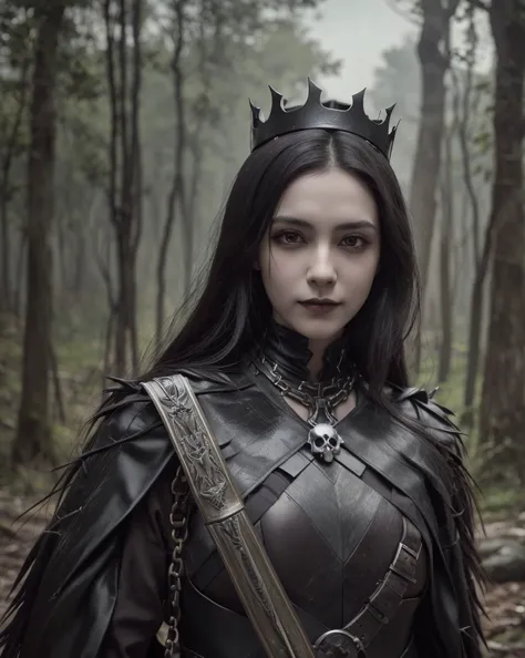 gothic, vampires, heavy steel armor with a skull on the chest, location forest, black hair, young face, smile, female character,...