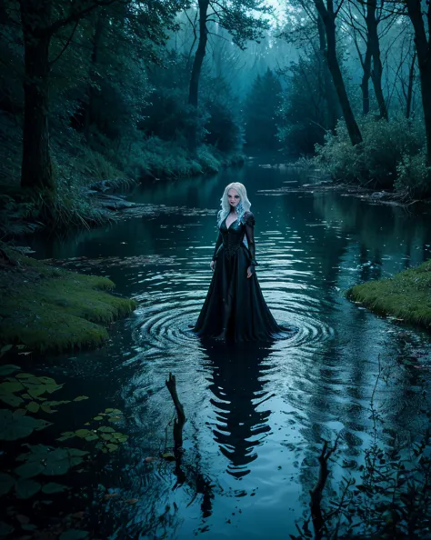 full body image, beautiful pale wet witch in water in the dark woods in the lake, horror, scary, (hdr, 8k, vivid, vibrant, detai...