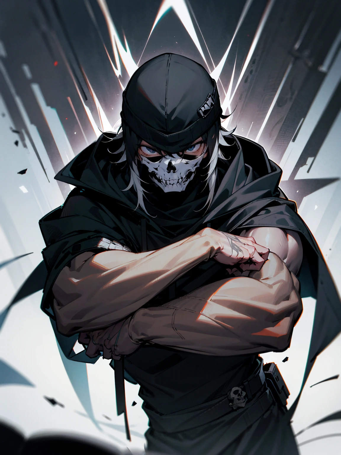 1male, adult, messy hair, black hair, beanie, hood over head, black eyes, skull mask, eye piercing, lazy expression, serious expression, cape,  black military outfit, black sweatpants, muscular build, arms folded