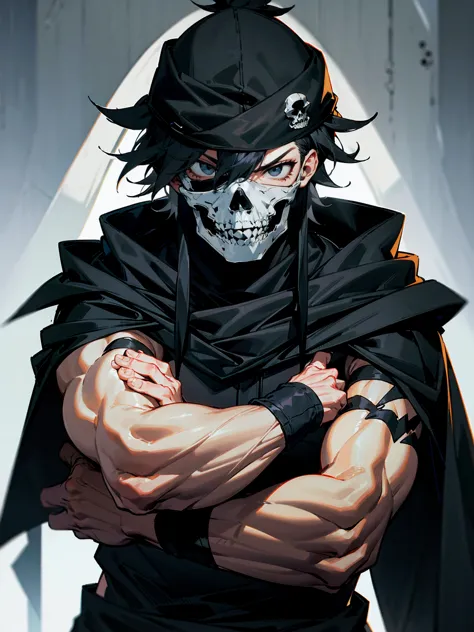 1male, adult, messy hair, black hair, beanie, hood over head, black eyes, skull mask, eye piercing, lazy expression, serious exp...