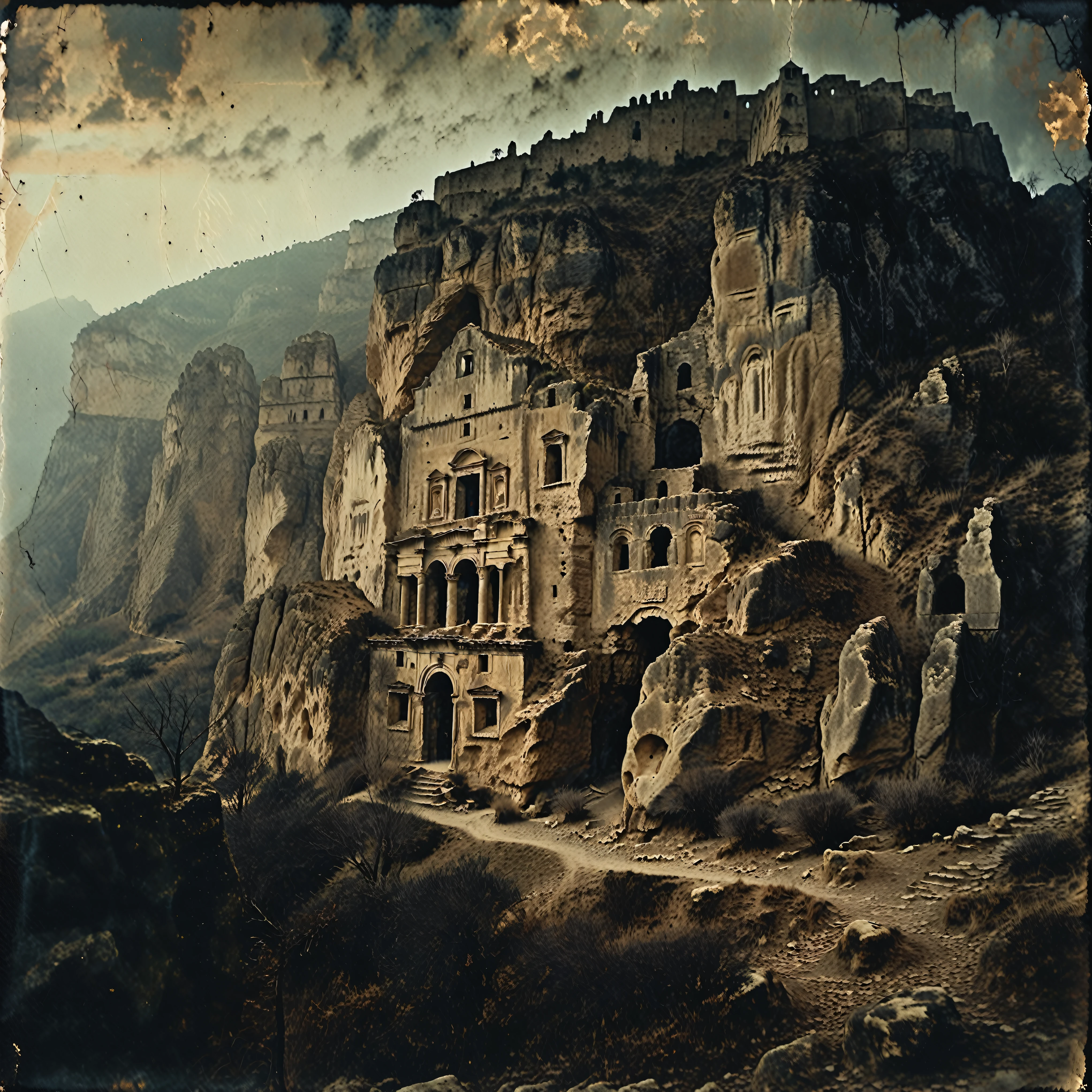 scary horror scene, 35mm vintage, dark grainy old photo, gigantic monolithic Mediterranean stone castle carved into a giant rocky mountain cliff formation, Olympus, vast scenery