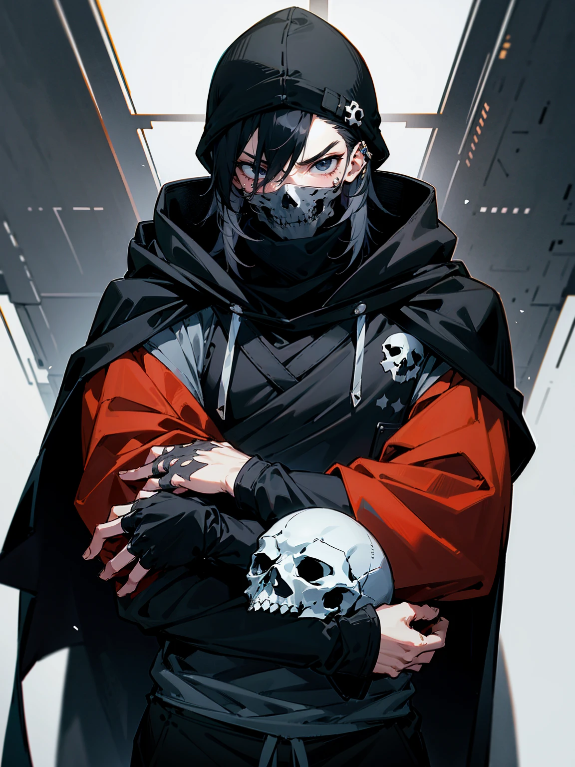 1male, adult, messy hair, black hair, beanie, hood over head, black eyes, skull mask, eye piercing, lazy expression, serious expression, cape,  black military outfit, black sweatpants, muscular build, arms folded