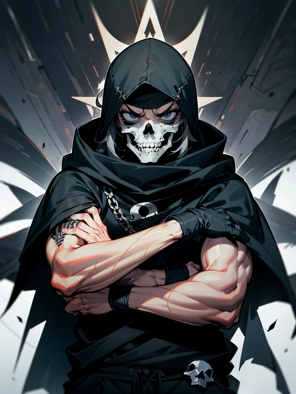 1male, adult, messy hair, black hair, beanie, hood over head, black eyes, skull mask, eye piercing, lazy expression, serious expression, cape,  black military outfit, black sweatpants, muscular build, arms folded