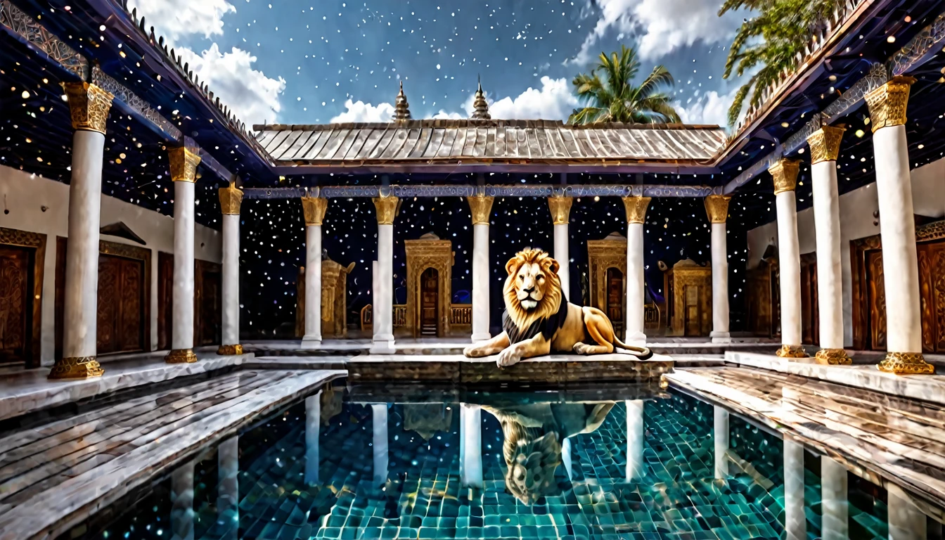 digital image hdr, 8k, starry sky, a large lion in white ivory... next to the pool. a pool inside the temple, full view of the pool, clear clear waters WITHOUT REFLECTIONS,. the most beautiful image in the world, LARGE, mystical and COVERED temple, white ivory columns, large and high DEFINITION Persian style wooden door,