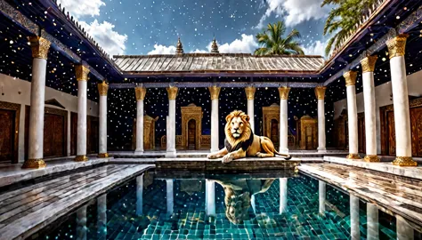 digital image hdr, 8k, starry sky, a large lion in white ivory... next to the pool. a pool inside the temple, full view of the p...