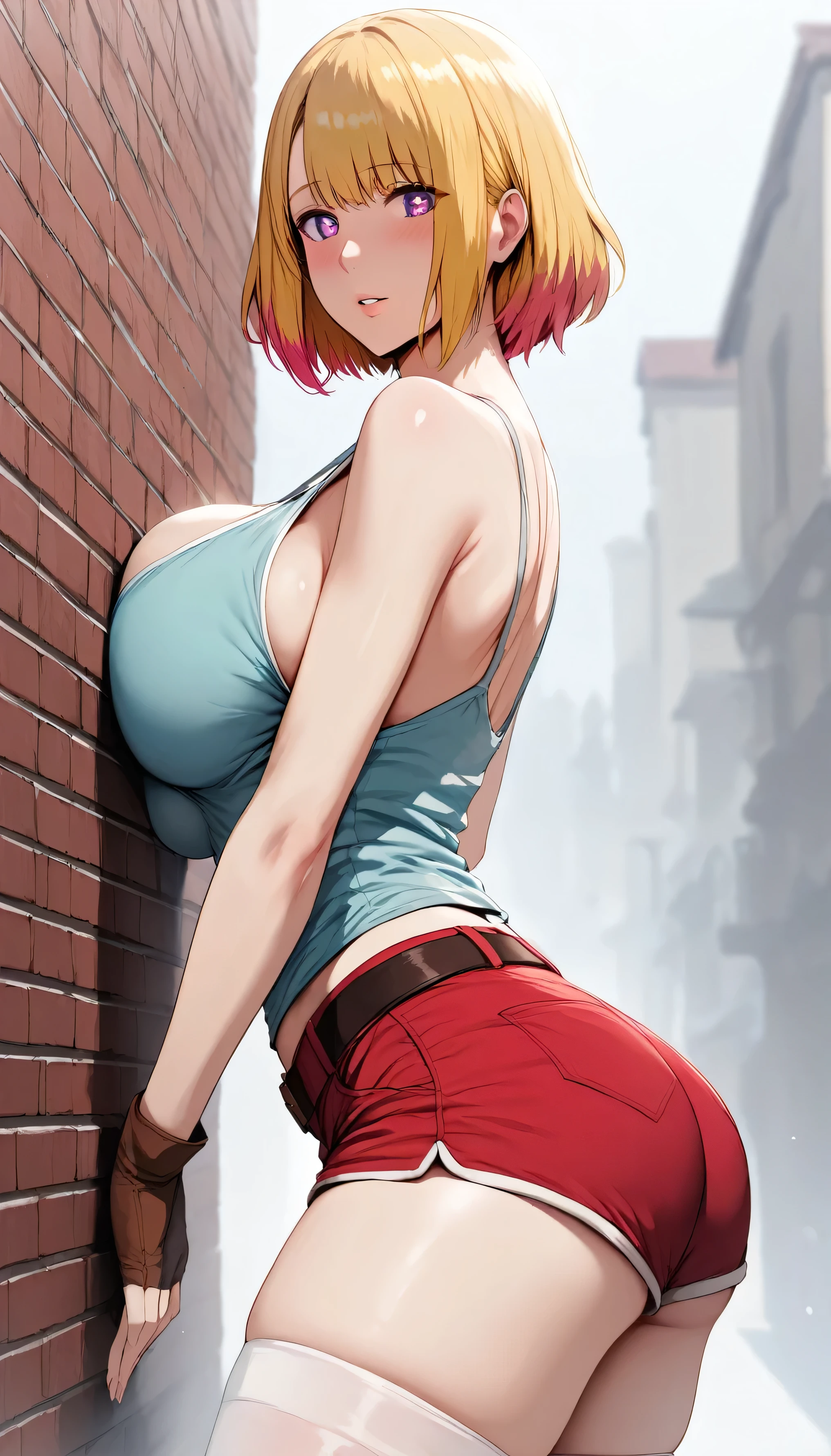 (hews art style:0.7), score_9, score_8_up, score_7_up, score_6_up, uncensored, short hair, yellow hair, multicolored hair, purple eyes, x-shaped pupil, BREAK (masterpiece:1.2), best quality, high resolution, (beautiful detailed eyes:1.3), perfect lighting, (perfect hands, perfect anatomy), hearts, pleasured, huge breasts, breast press, 1girl, breasts, solo, gloves, shorts, thighhighs, red shorts, looking at viewer, sideboob, short shorts, brick wall, brown gloves, against wall, white thighhighs, ass, single glove, belt, thighs, blush, bare shoulders, leaning forward, camisole, sleeveless, parted lips, from side