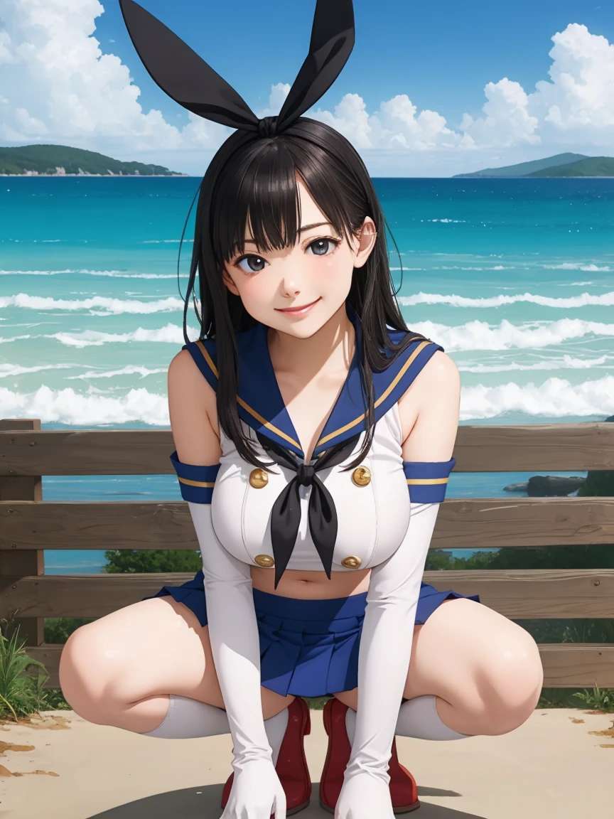 Portrait, official art, best masterpiece, best quality, best resolution, 8K, best detailed, perfect anatomy
BREAK
Cameltoe, squat, open legs, spread legs, (Grab Your Brest:1.3)
BREAK
(smile), blush, happy
BREAK
ashidamana, 1girl, black hair, black eyes, long hair, solo, (large breasts:1.2), shimacos, crop top, microskirt, thighhighs, elbow gloves
BREAK
(sea, on the sea, sky), dust, dust, light particles, facing to viewer, very fine and detailed 16KCG wallpapersrs