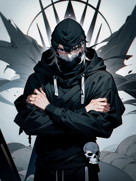 1male, adult, messy hair, black hair, beanie, hood over head, black eyes, skull mask, eye piercing, lazy expression, serious exp...