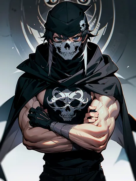 1male, adult, messy hair, black hair, beanie, hood over head, black eyes, skull mask, eye piercing, lazy expression, serious exp...