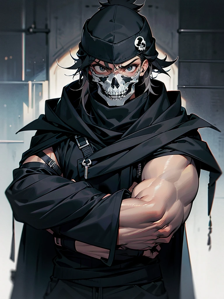 1male, adult, messy hair, black hair, beanie, hood over head, black eyes, skull mask, eye piercing, lazy expression, serious expression, cape,  black military outfit, black sweatpants, muscular build, arms folded