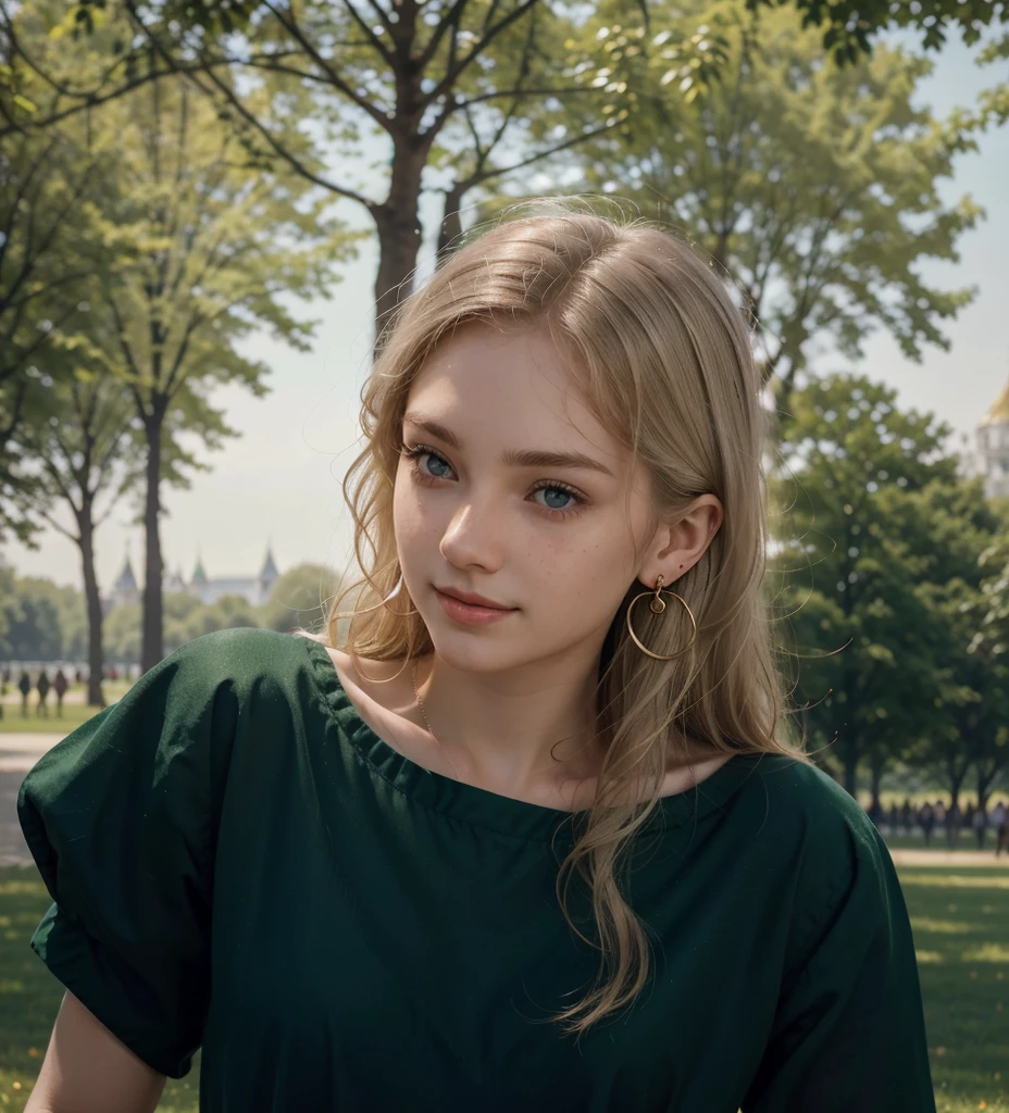 one women, Russian, Age 18, Pale skin and freckles, grauäugig, delicate nose, Soft and tender lips, removed, removed, wavy, long blonde hair, sweet smile, Face with delicate feminine features, crop top, High rendering quality , pretty earrings, in a green park