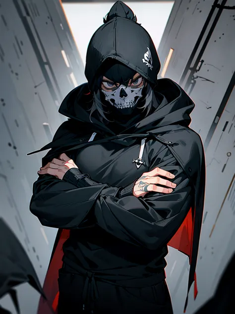 1male, adult, messy hair, black hair, beanie, hood over head, black eyes, skull mask, eye piercing, lazy expression, serious exp...