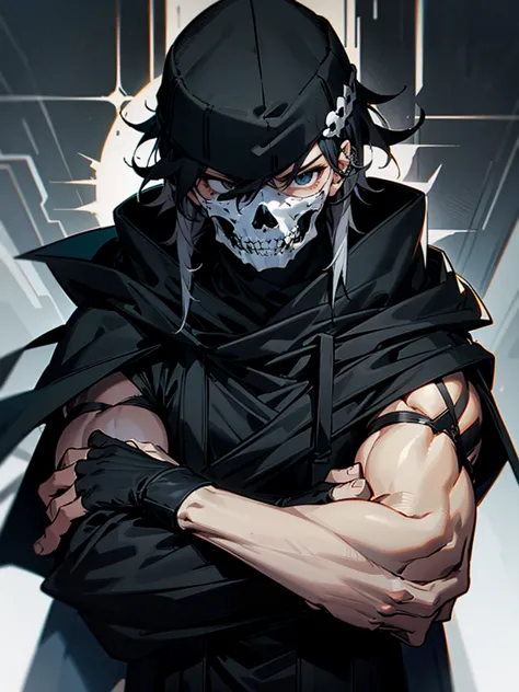 1male, adult, messy hair, black hair, beanie, hood over head, black eyes, skull mask, eye piercing, lazy expression, serious exp...