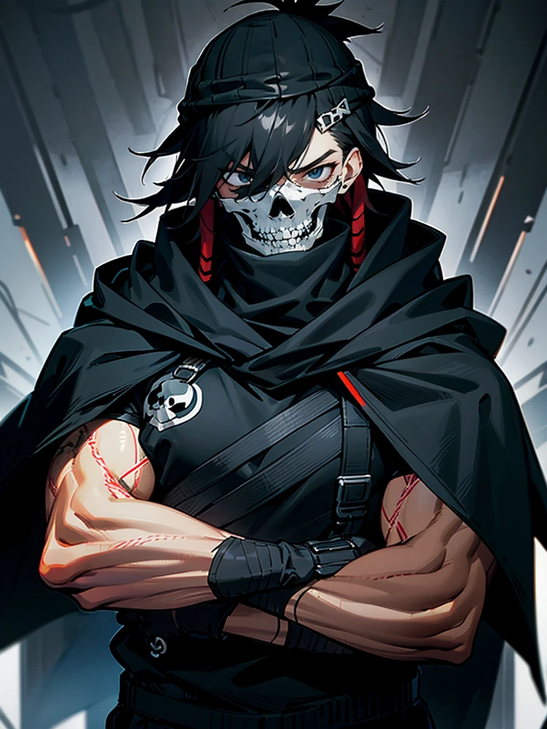 1male, adult, messy hair, black hair, beanie, hood over head, black eyes, skull mask, eye piercing, lazy expression, serious expression, cape,  black military outfit, black sweatpants, muscular build, arms folded