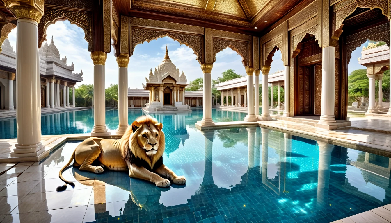 digital image hdr, 8k, starry sky, a large lion in white ivory... next to the pool. a pool inside the temple, full view of the pool, clear clear waters WITHOUT REFLECTIONS,. the most beautiful image in the world, LARGE, mystical and COVERED temple, white ivory columns, large and high DEFINITION Persian style wooden door,