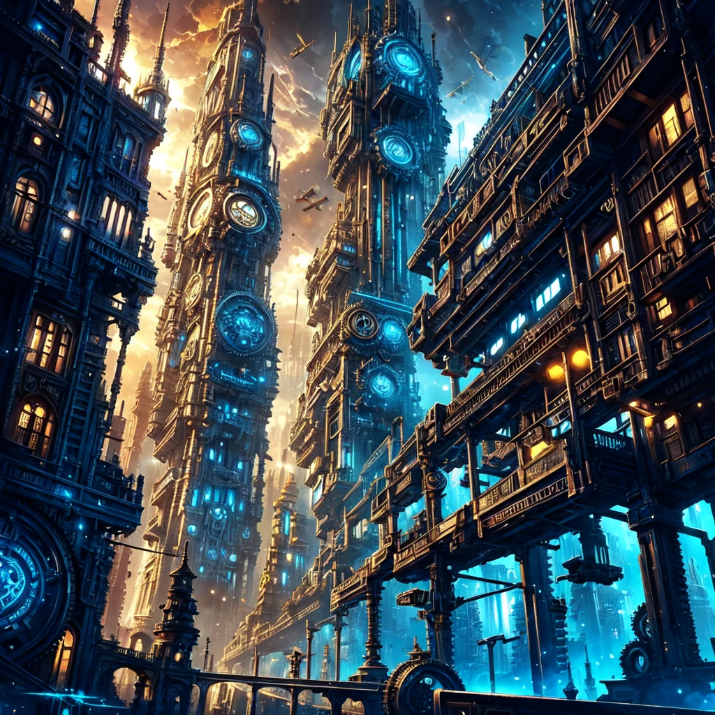 gears are attached to the sides of a building in a futuristic city, concept art by Mike "Beeple" Winkelmann, cgsociety contest winner, retrofuturism, ancient steampunk city, golden steampunk city atmosphere, in steampunk cityscape, steampunk city, a steampunk city, victorian steampunk mega city, steampunk city background, in a steampunk distopian city, digital steampunk art