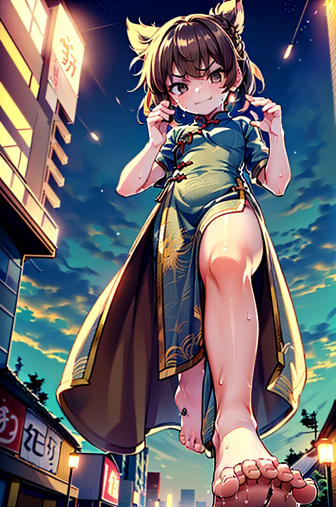 (((1girl, 独奏)))、(((High quality, super detailed, 4K)))、((beautiful girl、short hair、double bun、tsurime、red cheongsam dress、Brown Hair、black eyes:1.2))、{What you need to know_f de Staynightufotable:1.15}, (smug face、Glowing skin、Shiny Hair:1.4), ((View your viewers, Foot Stomp, barefoot, (Sweaty feet:1.1), Feet Focus, (sole:1.2), Toes, Shorthand, View from the bottom of the building, city, ((GTS)), View your viewers, Stepping, Looming, rampage, null, (small, crowd:1.1), Soft and fine skin, Fresh skin, Volumetric lighting, sweaty and hot))