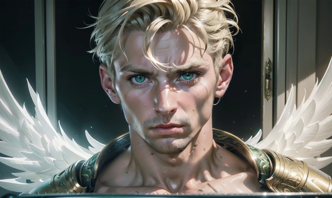 [((highly detailed, detailed eyes, detailed face, clear and realistic facial features, photorealistic, realistic light, cinematic)), (1 man), Gorgeous and sexy and powerful masculine male angel with large wings, ((short blond hair, green eyes)), (((aura of divine power))), standing in a cozy apartment at nighttime, ((light blush)), (((wearing an indignant expression)))]