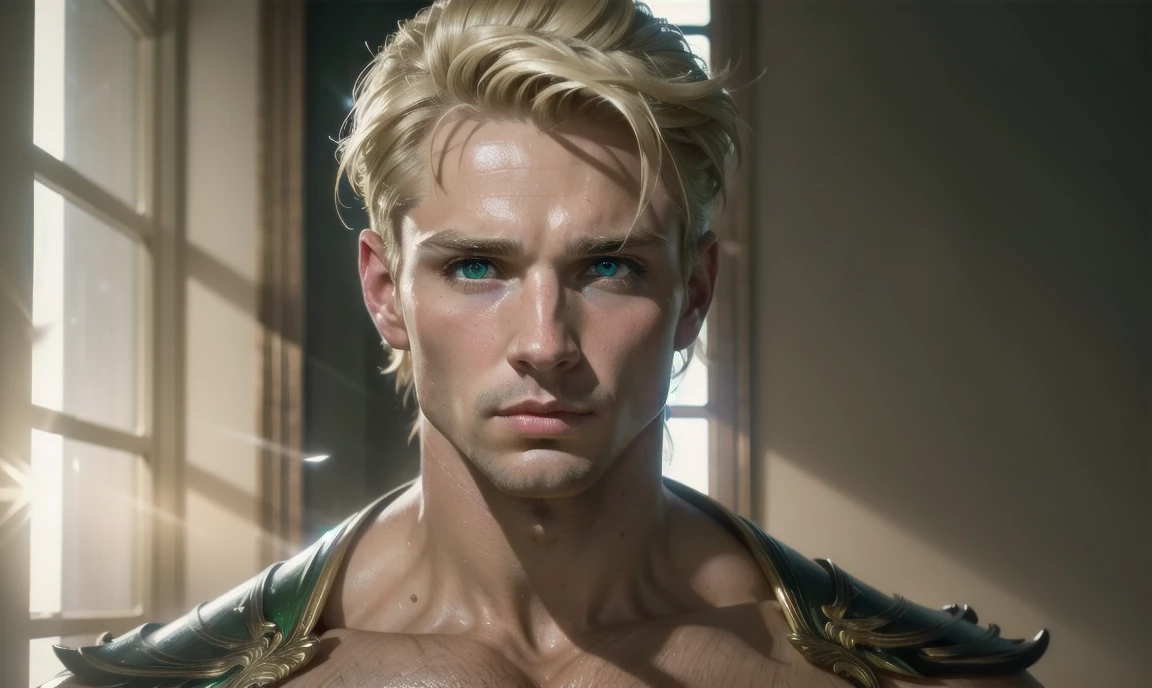 [((highly detailed, detailed eyes, detailed face, clear and realistic facial features, photorealistic, realistic light, cinematic)), (1 man), Gorgeous and sexy and powerful masculine male angel with large wings, ((short blond hair, green eyes)), (((aura of divine power))), standing in a cozy apartment at nighttime, ((light blush)), (((wearing an indignant expression)))]