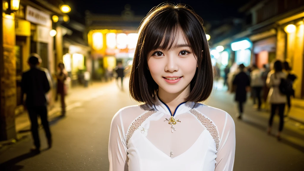 (nice lady, 18 years old, Vietnamese traditional costume white ao dai, Posing on the streets of Hoi An Old Town,Full shot,Model walking, Under the night sky, Friendly expression, Auxiliary smile, cute fangs, Bob cut with bangs, Beautiful and detailed face, beautiful and delicate eyes, voluptuous breasts, realistic, surrealism, high contrast, Ultra HD, realistic skin texture, Best image quality, top quality, ultra high resolution, fine details, very meticulously, masterpiece, From head to knee, cowboy shot, Romantic atmosphere, bokeh night background, Make your eyes look clearer)