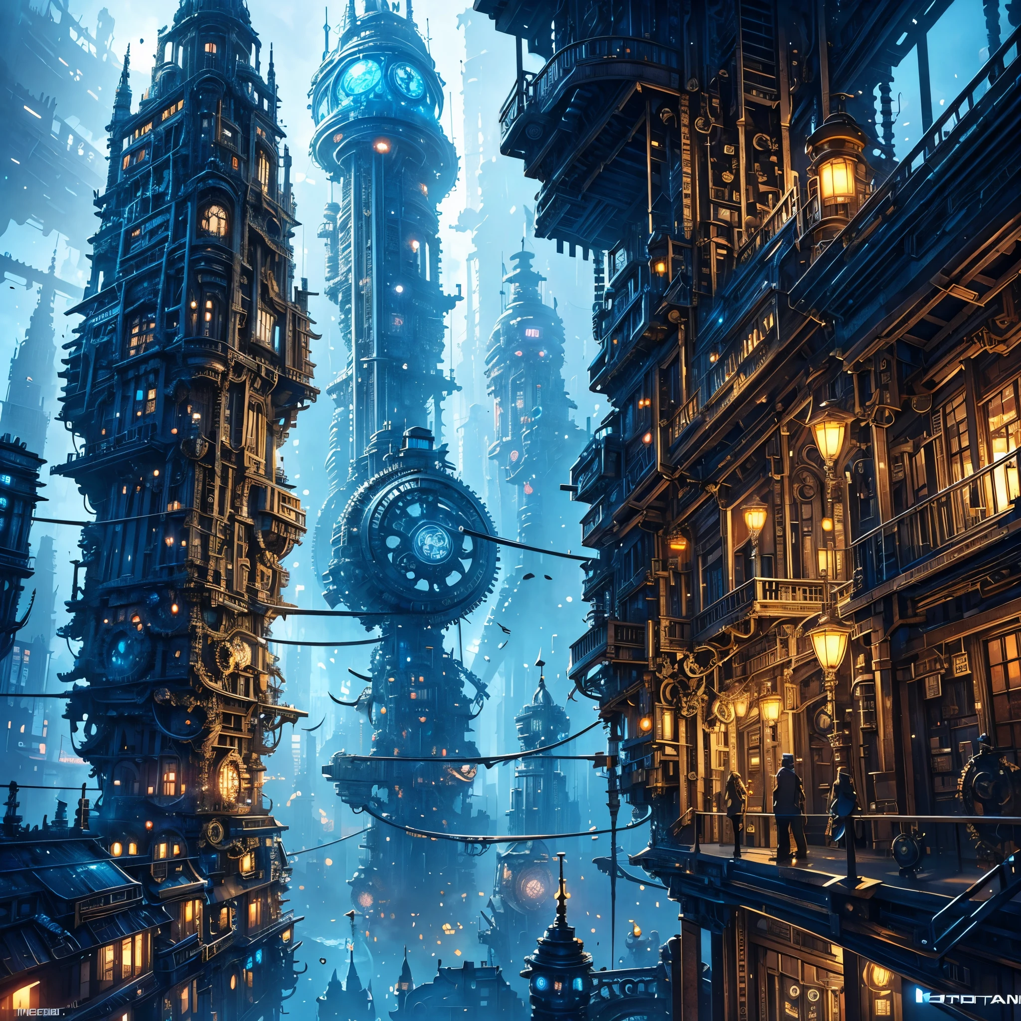 gears are attached to the sides of a building in a futuristic city, concept art by Mike "Beeple" Winkelmann, cgsociety contest winner, retrofuturism, ancient steampunk city, golden steampunk city atmosphere, in steampunk cityscape, steampunk city, a steampunk city, victorian steampunk mega city, steampunk city background, in a steampunk distopian city, digital steampunk art