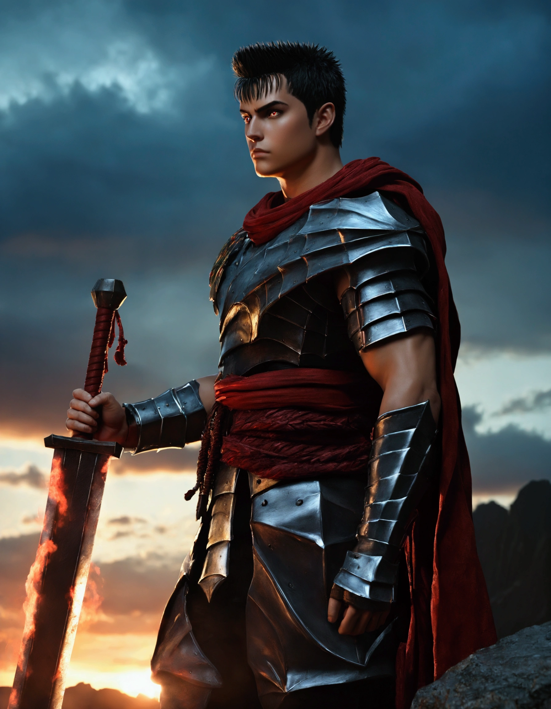 Guts (Berserk), Digital painting featuring a dark, fantasy-themed scene with anatomically correct human Guts berserk proportions, inspired by the style of Kentaro Miura, with a Seinen manga aesthetic. The layout is vertical, with the central subject being a humanoid figure in highly detailed, elaborate, dark armor, perched on a jagged rock formation. The figure has a wolf-like helmet with glowing red eyes and is holding a large, menacing sword over its shoulder. The armor is intricately detailed with sharp, angular designs and a fur-like texture around the shoulders and waist, showcasing a high level of realism. The background is a dramatic, stormy sky with hues of red, purple, and orange, suggesting a sunset or sunrise. The image is rendered in high-quality 4K resolution, with a focus on super detail and realistic textures. "Artvision1999",  anatomically correct, super detail, high quality, 4K