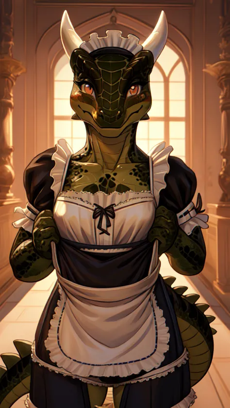 anime, hdr, soft light, ((best quality)), ((masterpiece)), (detailed), lustyargonian, maid, colored skin, green skin, maid headd...