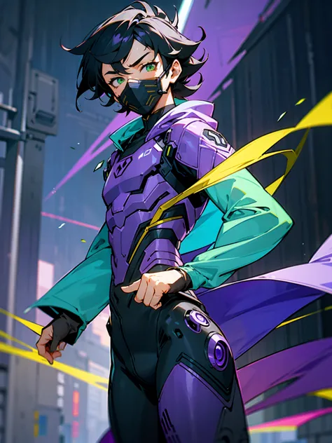 1male, hawaiian hair, black hair, purple visor, green eyes, robot mask, purple speed suit, tied to waist, standing on path, road...