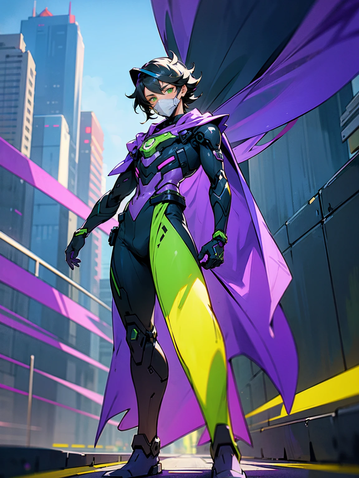 1male, hawaiian hair, black hair, purple visor, green eyes, robot mask, purple speed suit, tied to waist, standing on path, road, modern city, purple cloak