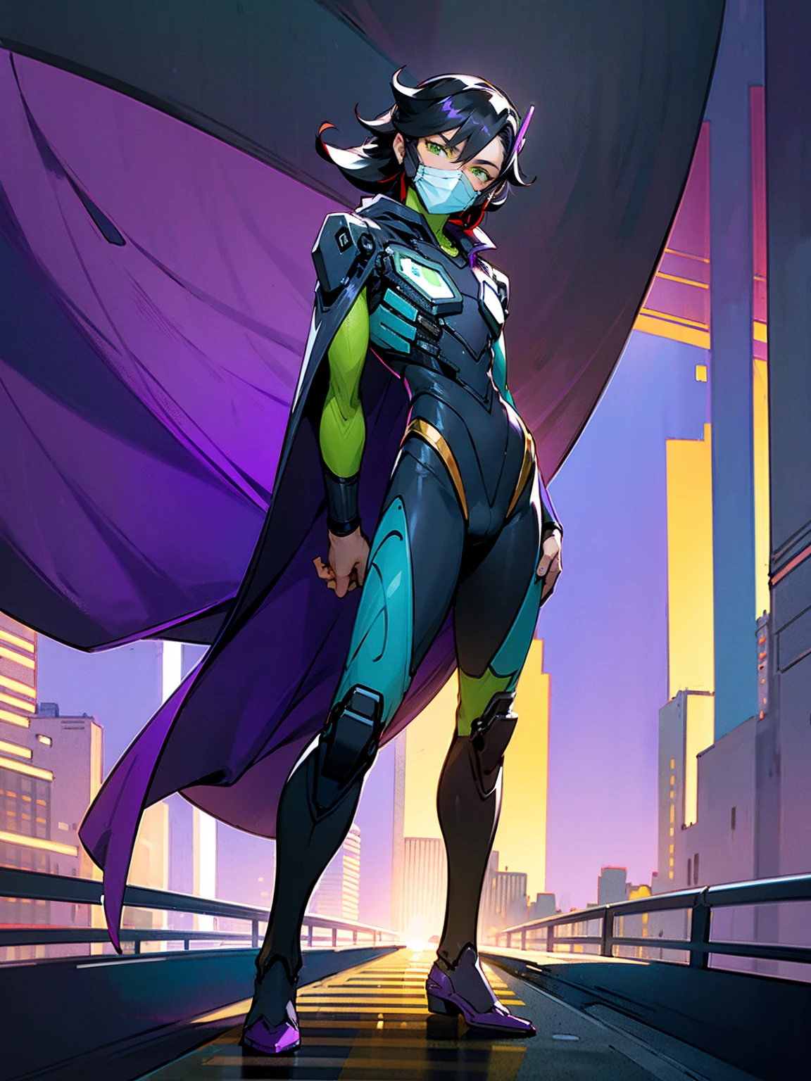 1male, hawaiian hair, black hair, purple visor, green eyes, robot mask, purple speed suit, tied to waist, standing on path, road, modern city, purple cloak