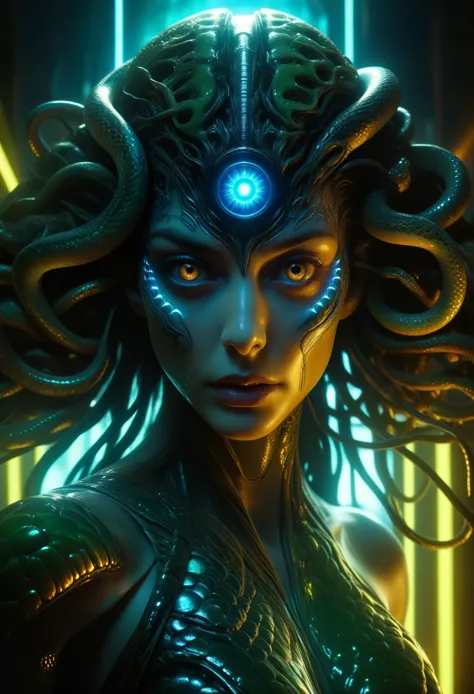 score_9, score_8_up, score_7_up, 1 female medusa alien, a scene from a horror movie, beautiful detailed eyes, a third eye on the...