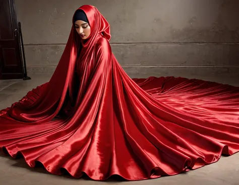 a woman shrouded in a 4-meter-long, plush red satin cloth, tightly bound and grandly draping along the form of her body, flowing...