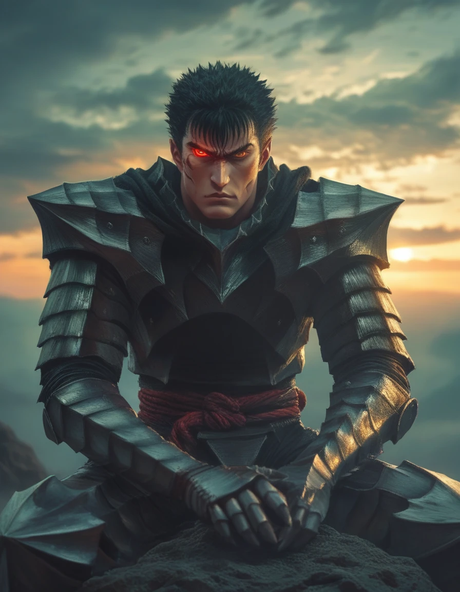 Guts (Berserk), Digital painting featuring a dark, fantasy-themed scene with anatomically correct human Guts berserk proportions, inspired by the style of Kentaro Miura, with a Seinen manga aesthetic. The layout is vertical, with the central subject being a humanoid figure in highly detailed, elaborate, dark armor, perched on a jagged rock formation. The figure has a wolf-like helmet with glowing red eyes and is holding a large, menacing sword over its shoulder. The armor is intricately detailed with sharp, angular designs and a fur-like texture around the shoulders and waist, showcasing a high level of realism. The background is a dramatic, stormy sky with hues of red, purple, and orange, suggesting a sunset or sunrise. The image is rendered in high-quality 4K resolution, with a focus on super detail and realistic textures. "Artvision1999"